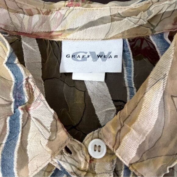Vintage Graff Wear Linen Blend Sheer Floral Striped Button Down Blouse XL - Picture 9 of 14